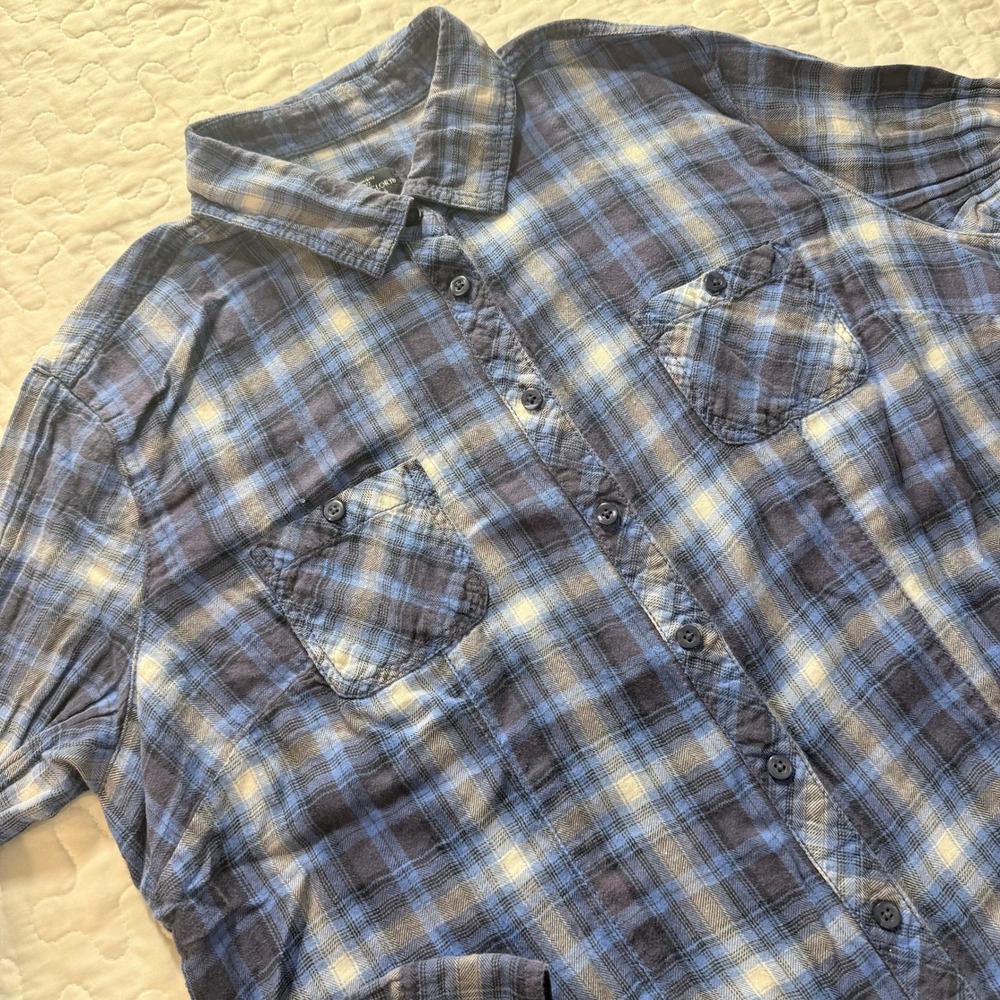 Faded Glory Womens XL Plaid Button Up Shirt Blue White Long Sleeve Pockets